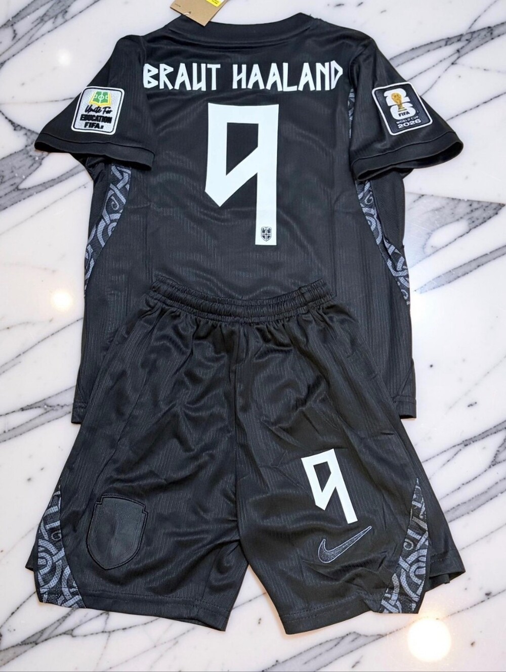 Haaland Norway 2026 World Cup Kids Jersey and Shorts Set Black Away Kit